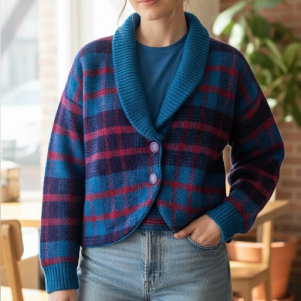 VINTAGE Weathervane Colorful Plaid Chunky Knit Cardigan